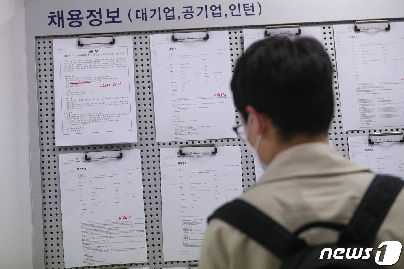 본문 이미지 - 서울의 한 대학교 취업게시판에서 채용정보를 살펴보는 대학생 모습. 2021.12.29/뉴스1 ⓒ News1 성동훈 기자