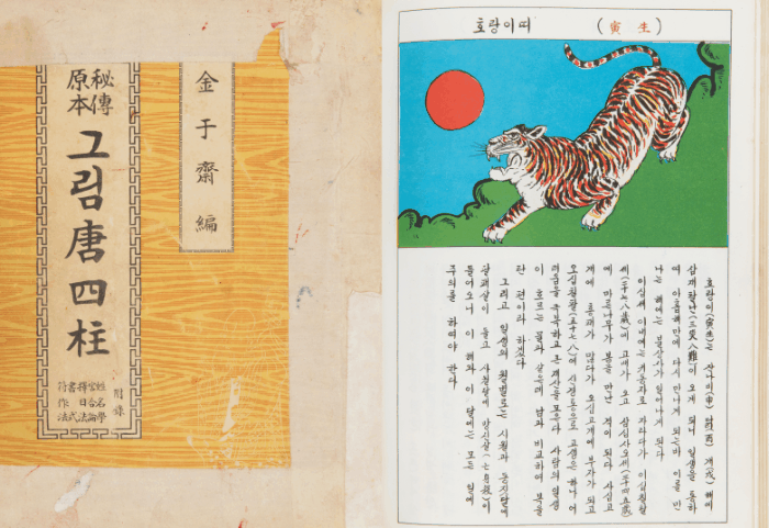 본문 이미지 - 그림당사주 가운데 호랑이때 설명부터 순서대로 서울의 명당도, 호랑이가 조각된 판석, 강사리 범굿 (제공 국립민속박물관)ⓒ 뉴스1