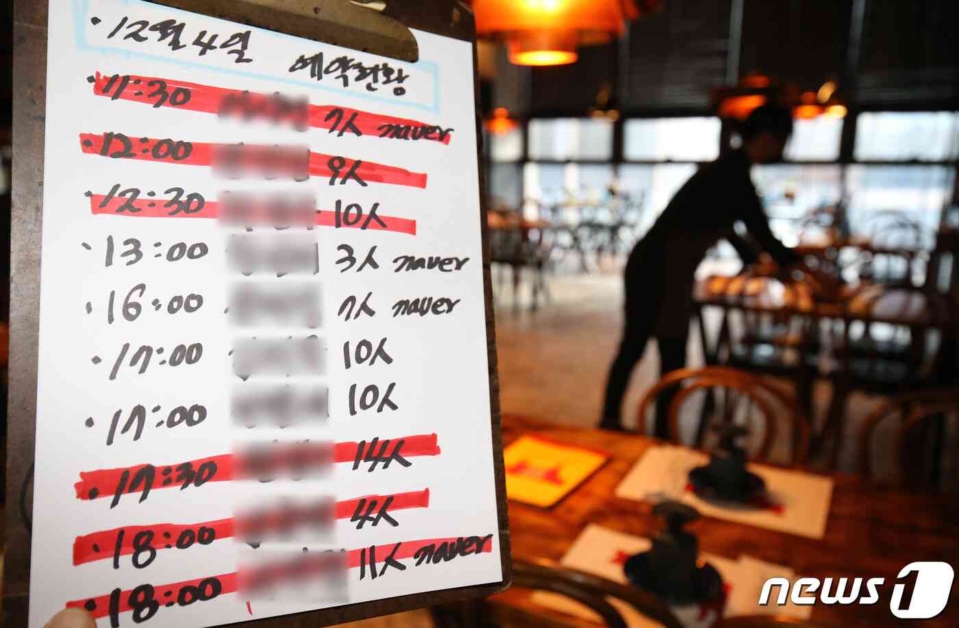 정부가 신종 코로나바이러스 감염증(코로나19) 방역 대응으로 다시 사적모임 제한 등을 강화했고 방역패스를 확대해 식당·카페 등 대부분의 다중이용시설에 적용하기로 했다. 3일 오후 대전 유성구에 위치한 한 식당 예약 현황판에 예약이 취소된 내역이 지워 있다. 2021.12.3/뉴스1 © News1 김기태 기자