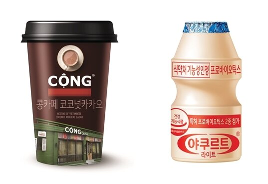 본문 이미지 - 동원F&B '콩카페 코코넛카카오'(왼쪽)와 hy '야쿠르트라이트'. ⓒ 뉴스1