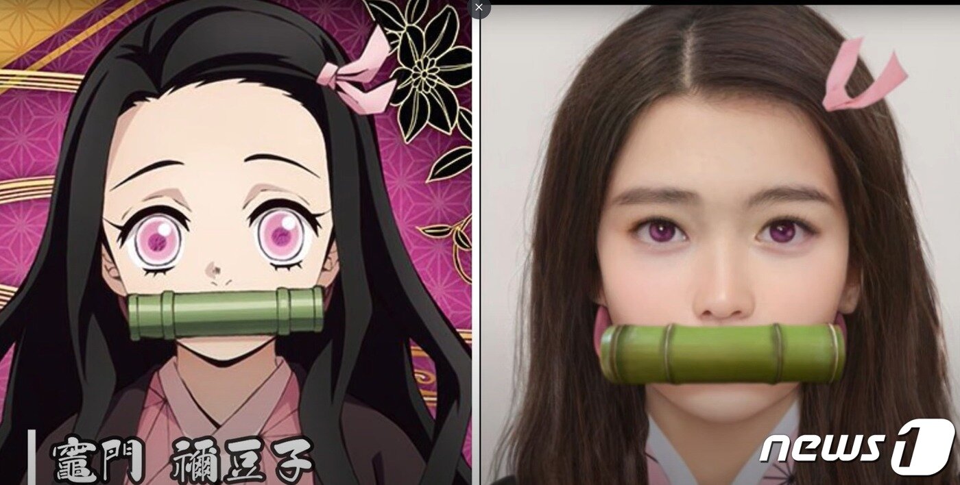 본문 이미지 - 일본 유튜버 오스시가 인공지능(AI) 프로그램인 '아트브리더(Artbreeder)'로 애니메이션 '짱구는 못말려'와 '귀멸의 칼날'의 캐릭터를 실사화한 사진을 공개했다. 사진은 귀멸의 칼날 속 네즈코를 실사화한 모습. <출처=오스시 유튜브> ⓒ 뉴스1