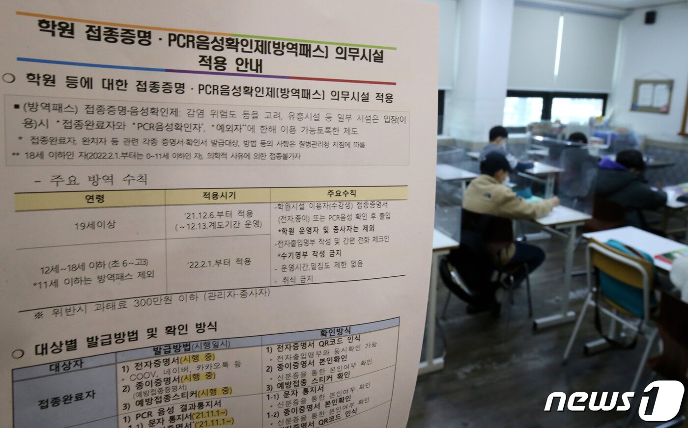 본문 이미지 - 6일 오후 대전에 위치한 학원에 방역패스 관련 안내문이 붙어 있다. 정부는 식당과 카페뿐 아니라 학원 독서실 스터디카페 등에서 백신 접종 완료 증명이나 신종 코로나바이러스 감염증(코로나19) 유전자증폭(PCR) 검사 음성이 확인 돼야만 시설을 이용할 수 있는 방역패스 시행했다. 12~18세(초 6학년~고 3학년) 청소년에 대해서는 내년 2월 1일부터 방역패스 적용이 예고돼 논란이 되고 있다. 2021.12.6/뉴스1 ⓒ News1 김기태 기자