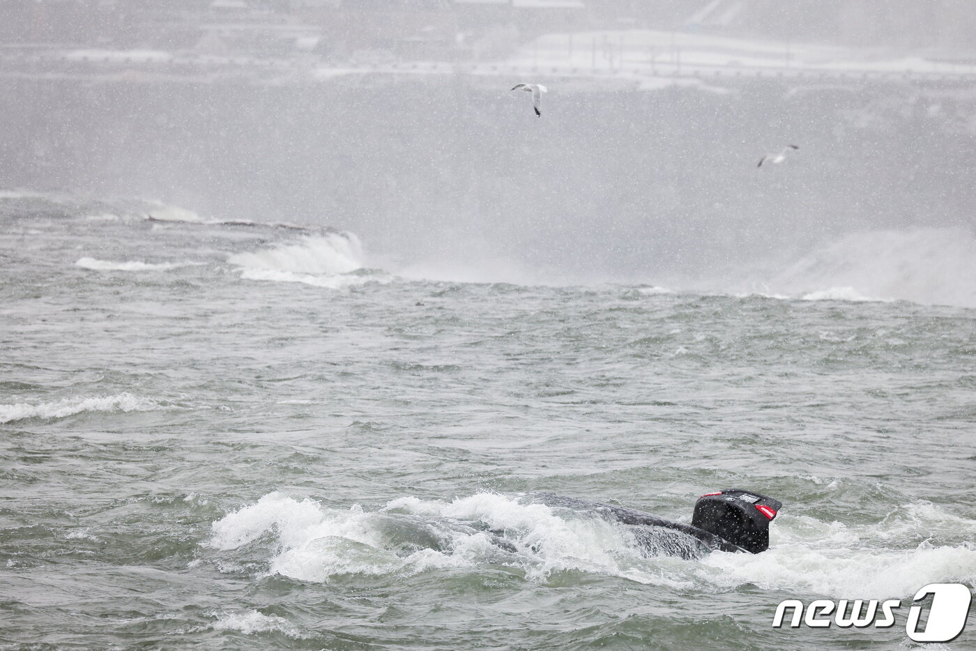 본문 이미지 - 8일(현지시간) 미국 나이아가라 폭포에 빠진 승용차가 빠른 속도로 물에 잠기고 있다. ⓒ 로이터=뉴스1 ⓒ News1 우동명 기자