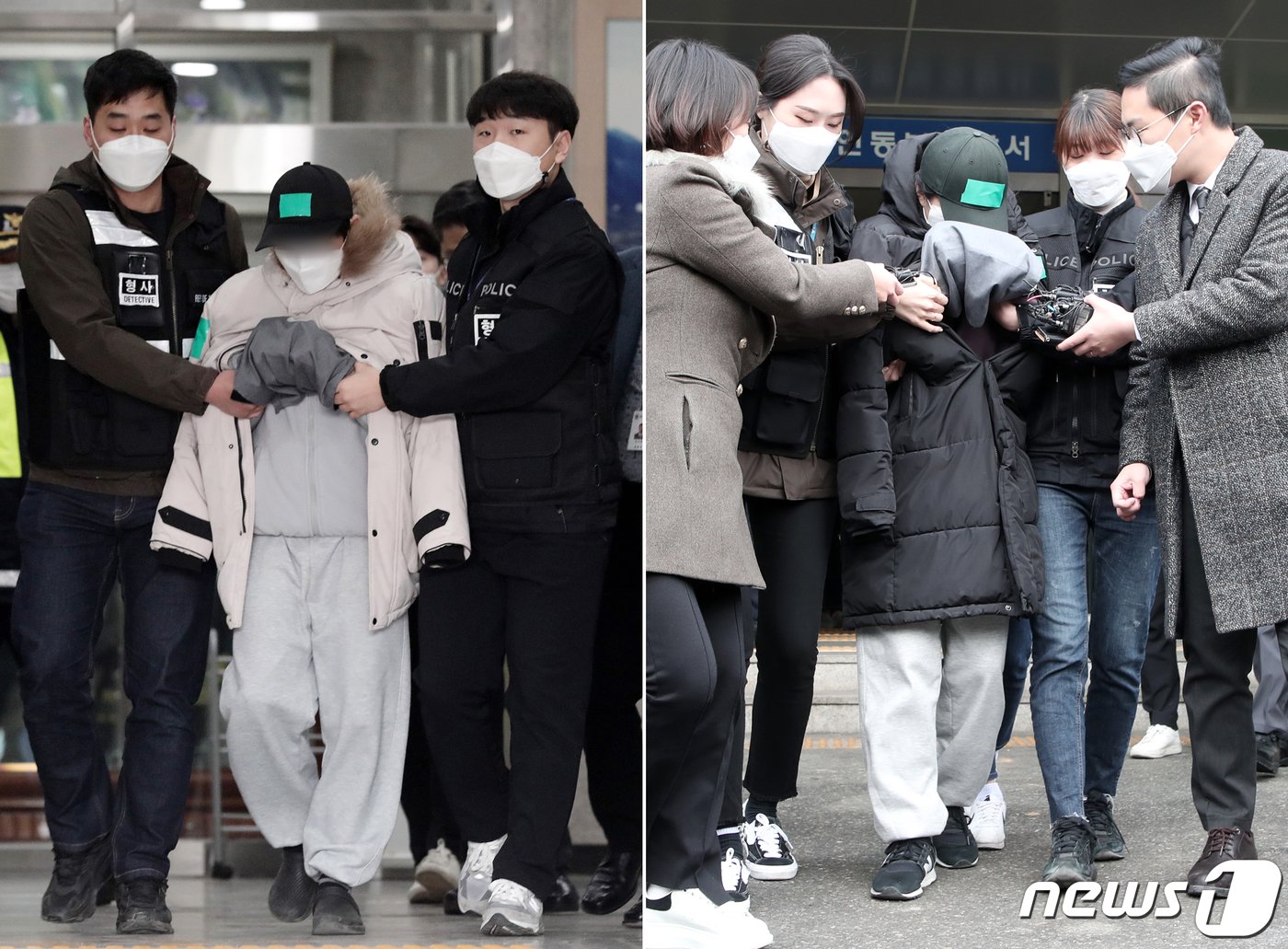 본문 이미지 - 돌보던 초등학생 조카를 학대해 사망에 이르게 한 부부가 2021년 2월 10일 오후 경기도 용인동부경찰서에서 구속영장 실질 심사를 위해 호송되고 있다. 2021.2.10/뉴스1 ⓒ News1 조태형 기자