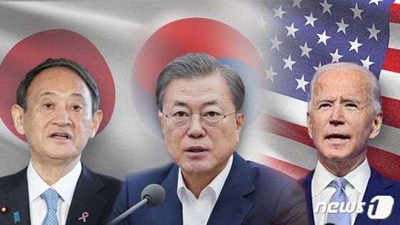 (왼쪽부터) 스가 요시히데 일본 총리·문재인 대통령·조 바이든 미국 대통령© News1 이은현 디자이너