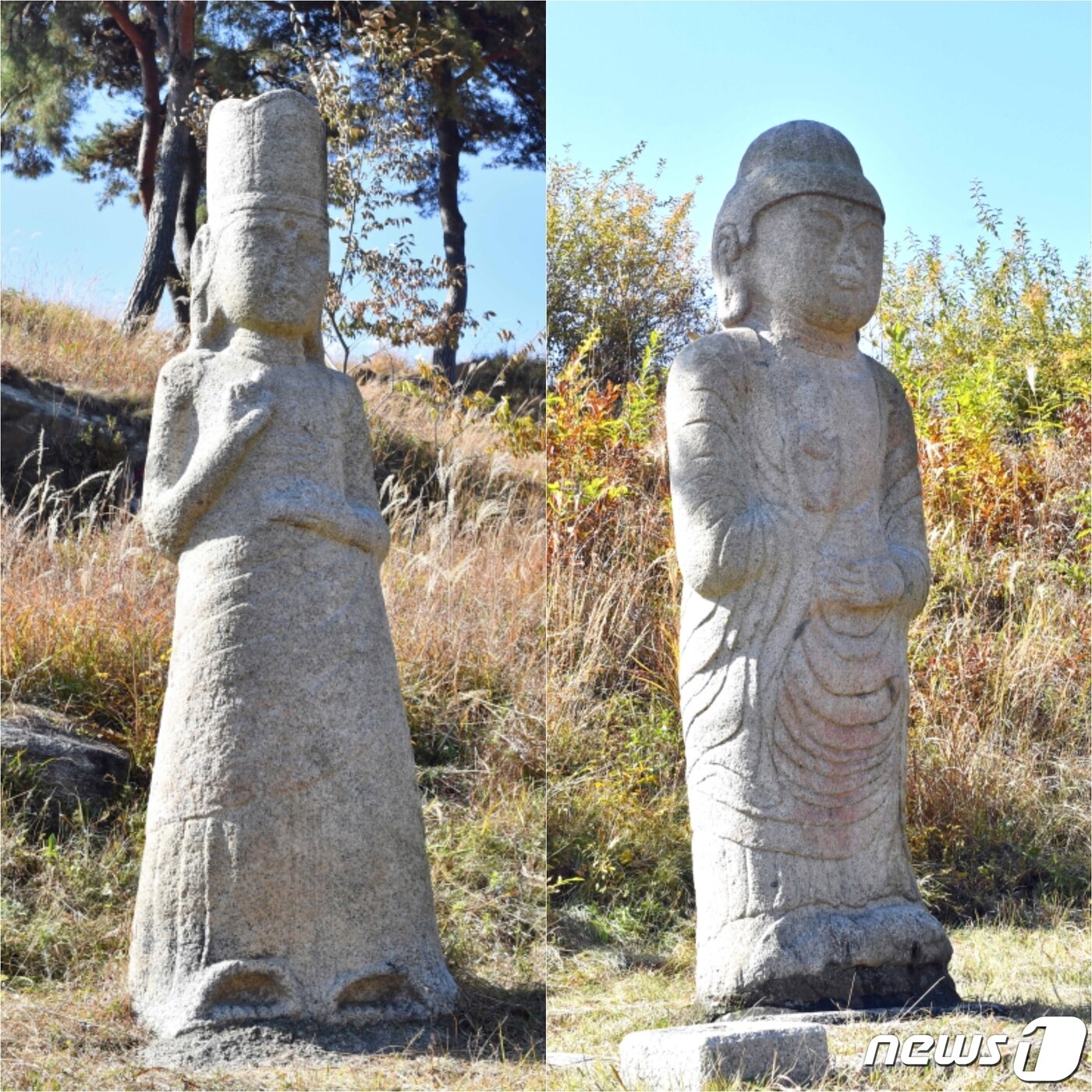 본문 이미지 - 고려박물관 밖 서쪽 언덕에 옮겨져 있는 복령미륵석불(福靈彌勒石佛, 왼쪽)과 미륵사미륵석불(오른쪽). 고려 초기에 만들어진 것으로 추정된다. (미디어한국학 제공) 2021.02.13.ⓒ 뉴스1