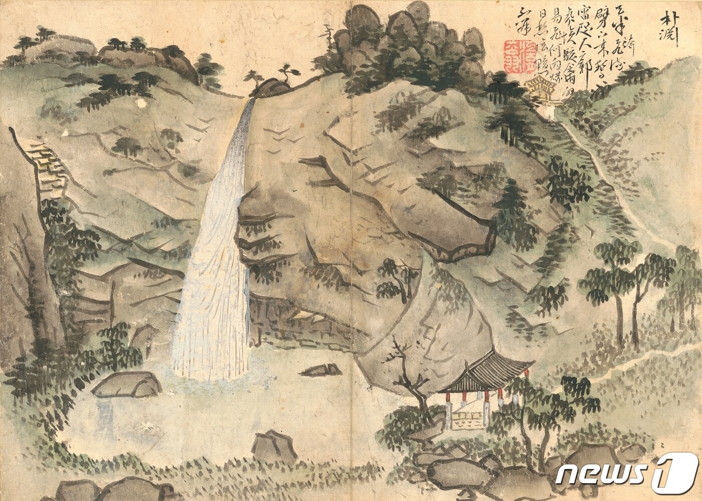 본문 이미지 - 18세기 사대부 화가였던 표암(豹菴) 강세황(姜世晃)이 그린 <송도기행첩(松都紀行帖)> 속의 박연폭포 그림. 오른쪽 아래에 범사정, 위쪽에 북문의 문루가 묘사돼 있다. (국립중앙박물관 제공) 2021.02.20.ⓒ 뉴스1