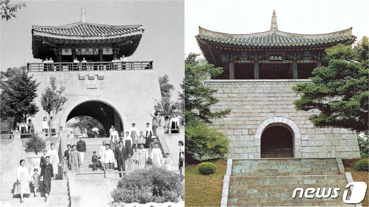 본문 이미지 - 1937년 건설된 '함흥전망대' 건물이 그대로 남아 있던 1960년대 구천각 모습과 새로 복원된 구천각의 모습. 축대가 콘크리트에서 화강암으로 바뀌고, 문루도 변화된 것을 알 수 있다. (미디어한국학 제공) 2021.02.27.ⓒ 뉴스1