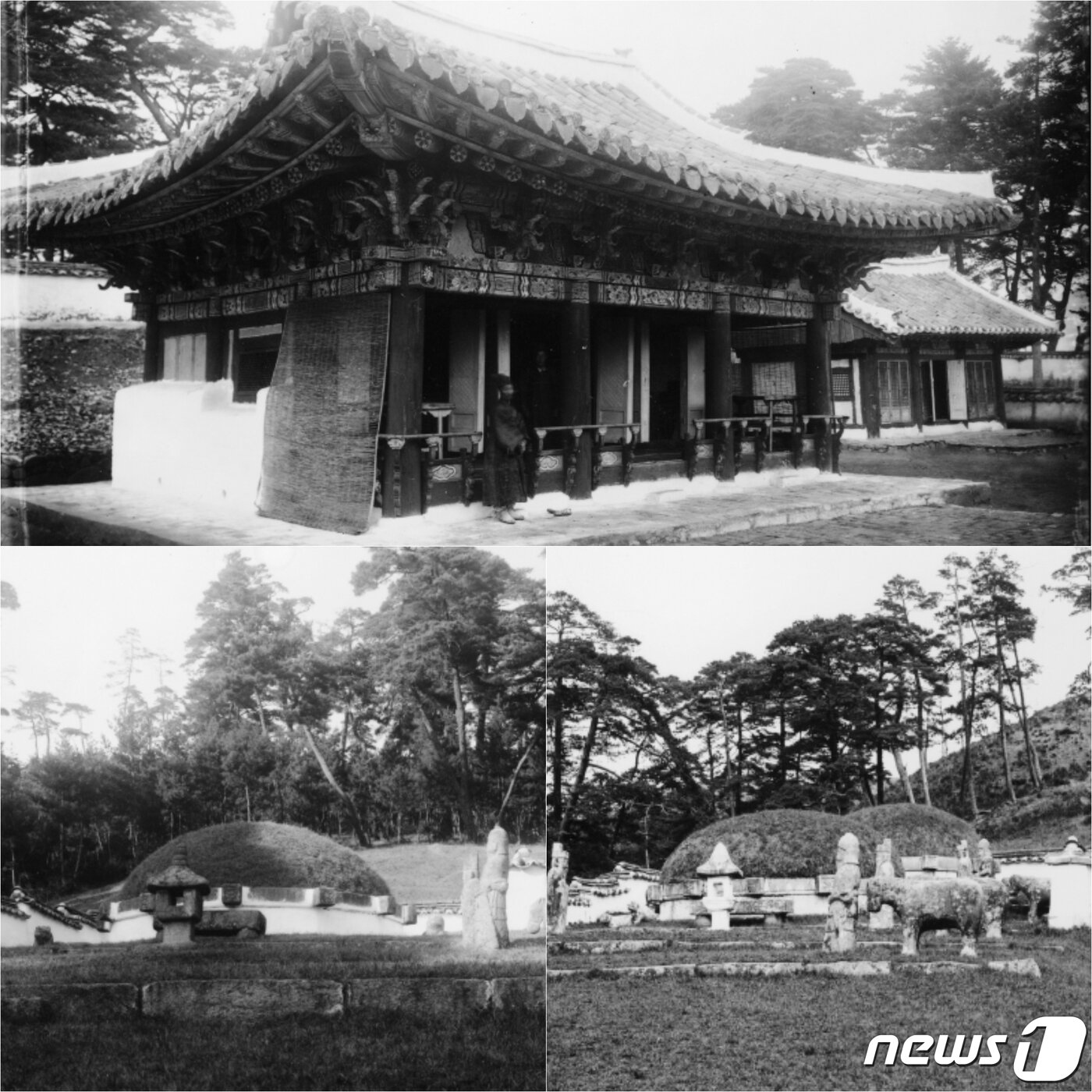 본문 이미지 - 조선 초기에 함흥본궁과 함께 세워진 영흥본궁 정전과 이안전(移安殿) 전경(위), 태조 이성계의 조부 이춘(李椿, 도조)의 묘인 의릉(義陵, 아래 왼쪽), 이성계의 부모인 이자춘(李子春, 환조)과 의혜왕후의 묘인 정·화릉(定和陵, 아래 오른쪽). 일제강점기 때 촬영한 사진이다.  (국립중앙박물관 제공) 2021.02.27.ⓒ 뉴스1