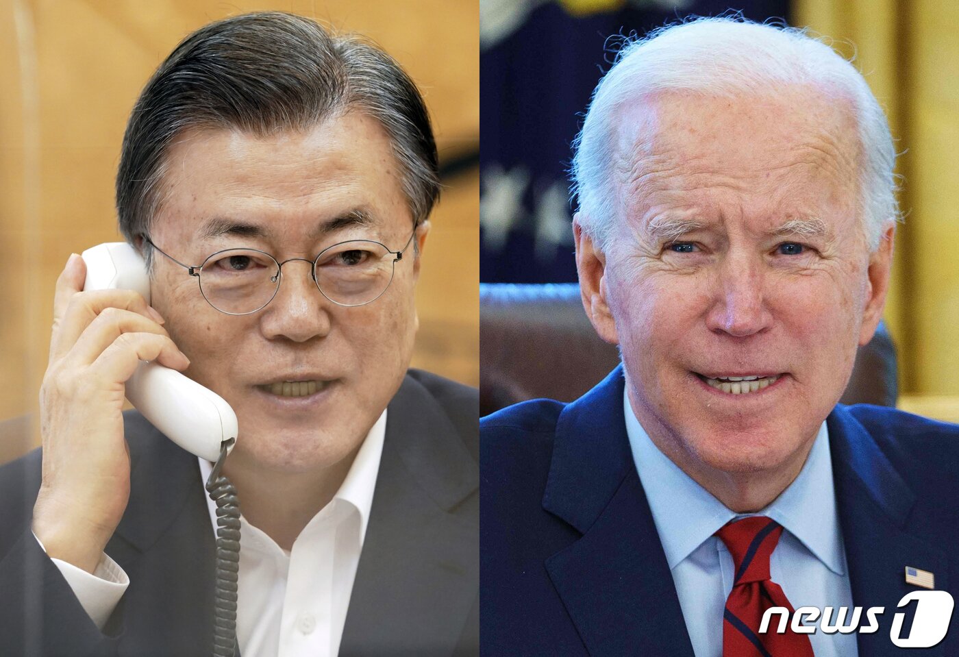 본문 이미지 - 문재인 대통령이 4일 오전 청와대에서 조 바이든 미국 대통령과 전화통화를 하고 있다. (청와대 제공, AFP) 2021.2.4/뉴스1