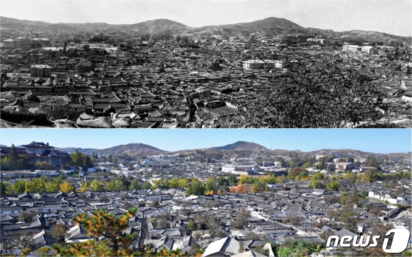 본문 이미지 - 개성 자남산 관덕정에서 본 민속거리의 과거(1950년대 중반)와 현재(2019년) 모습. (미디어한국학 제공) 2021.02.06.ⓒ 뉴스1