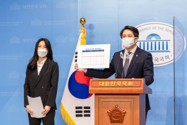 본문 이미지 - 전 배드민턴 국가대표 정경은(왼쪽)이 5일 국회 소통관에서 전용기 더불어민주당 전용기 의원과 기자회견을 열고 있다. (전용기 의원실 제공) ⓒ 뉴스1