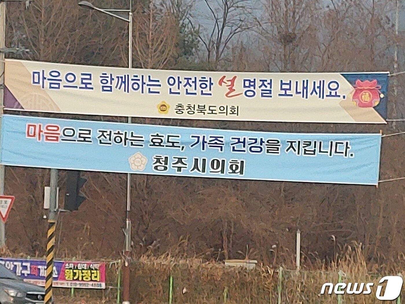 본문 이미지 - 충청북도의회가 도내 곳곳에 설 연휴기간 고향 방문을 자체해 달라는 현수막을 내걸었다. ⓒ 뉴스1