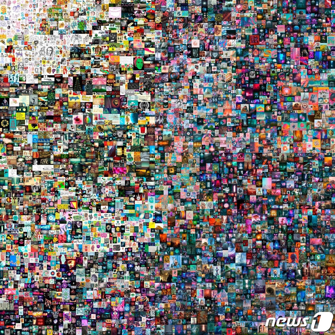 본문 이미지 - 크리스티 경매시장에서 6930만달러에 팔린 비플의 디지털 작품 '매일: 최초 5000일' ⓒ AFP=뉴스1 ⓒ News1 원태성 기자