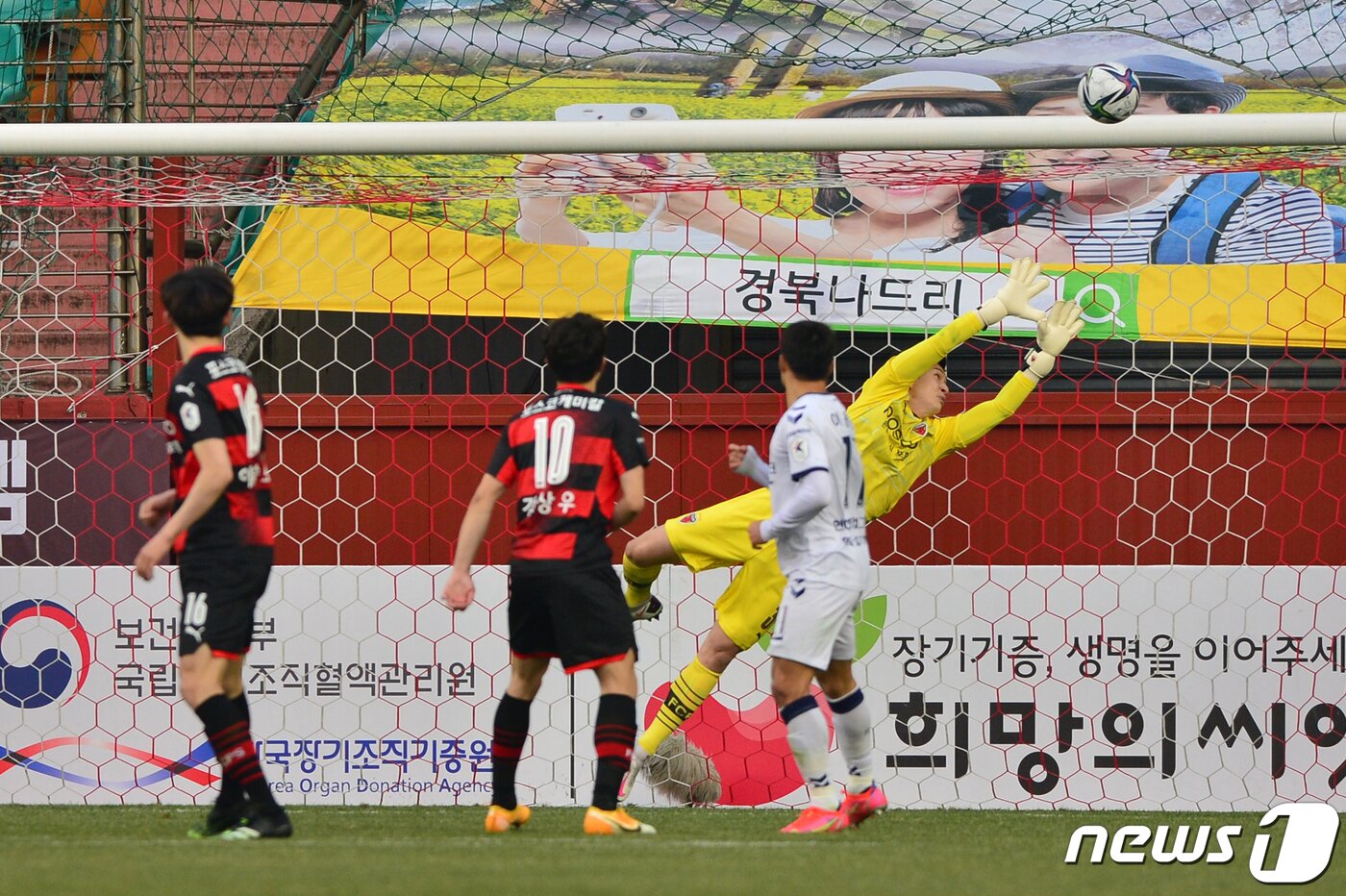 본문 이미지 - 13일 경북 포항스틸야드에서 열린 '프로축구 하나원큐 K리그1 2021' 동해안 더비 포항 스틸러스와 울산 현대의 시즌 첫 경기 후반 포항 수문장 강현무가 몸을 날리고 있다. 2021.3.13/뉴스1 ⓒ News1 최창호 기자