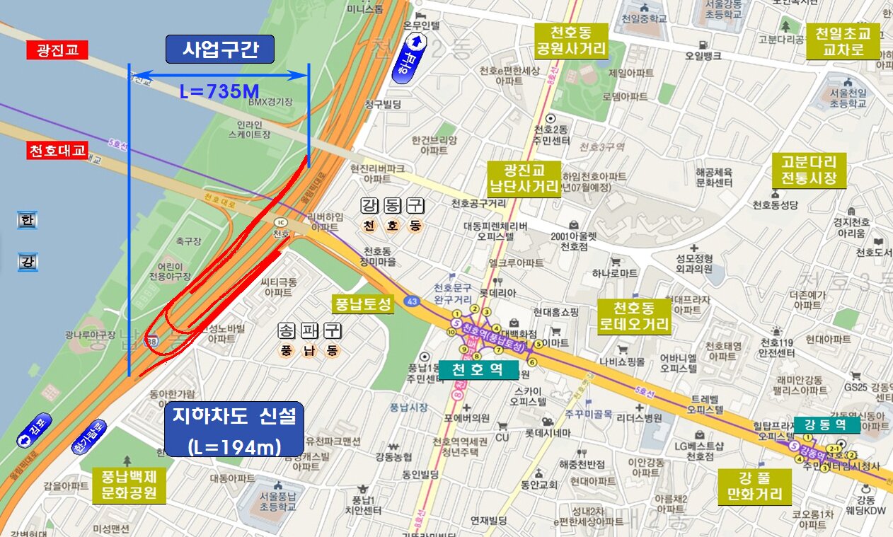 본문 이미지 - 천호대교 남단IC 연결체계 개선공사 위치도.(서울시 제공)ⓒ 뉴스1
