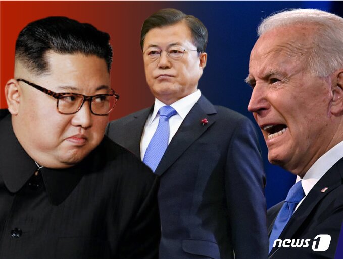 본문 이미지 - 왼쪽부터 김정은 북한 노동당 총비서, 문재인 대통령, 조 바이든 미국 대통령. ⓒ News1 김일환 디자이너