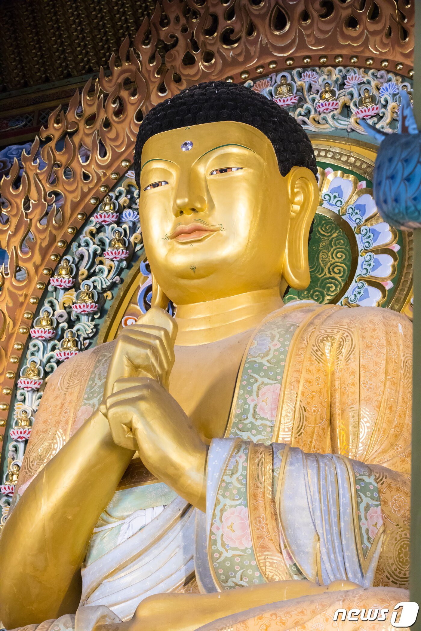 본문 이미지 - 동양 최대규모 약천사 대적광전 비로자나불의 모습이다. 이 불상은 높이가 4.8m 좌대까지 합하면 6.8m에 이르는 대형 불상이며 약천사 대적광전은 단일법당으로 동양 최대 크기를 자랑한다. 대적광전은 대지 3380㎡(1043평)에 지붕까지의 높이가 아파트 10층에 해당하는 29.5m에 이른다. 2021.3.24/뉴스1 ⓒ News1 박정환 문화전문기자