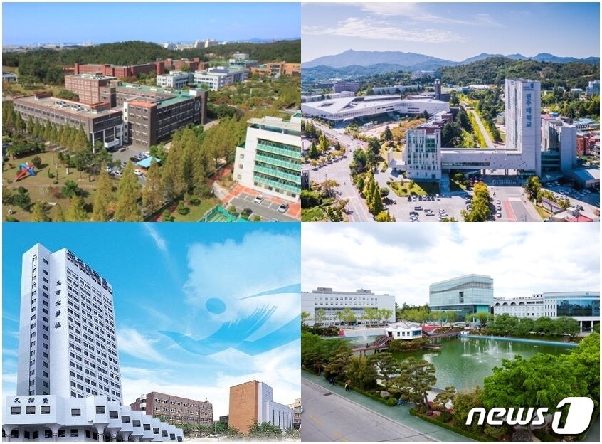 본문 이미지 - 학령인구 감소 속에서도 99% 이상의 신입생 충원률을 기록해왔던 전북지역 주요대학들에서 올해 미달사태가 속출했다. 왼쪽부터 시계방향으로 군산대, 전주대, 원광대, 우석대 전경 모습.ⓒ 뉴스1