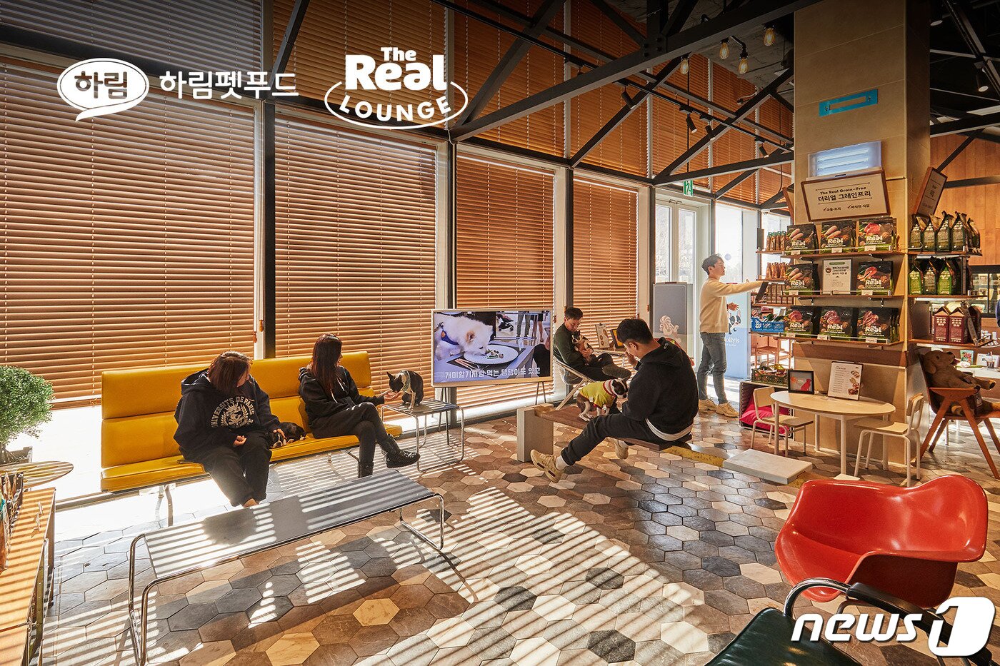 본문 이미지 - 하남 스타필드내 몰리스내의 '더리얼 라운지'에서 반려동물 동반 가족들이 자유롭게 시간을 함께 보내고 있다. 사진 하림펫푸드 제공 ⓒ 뉴스1