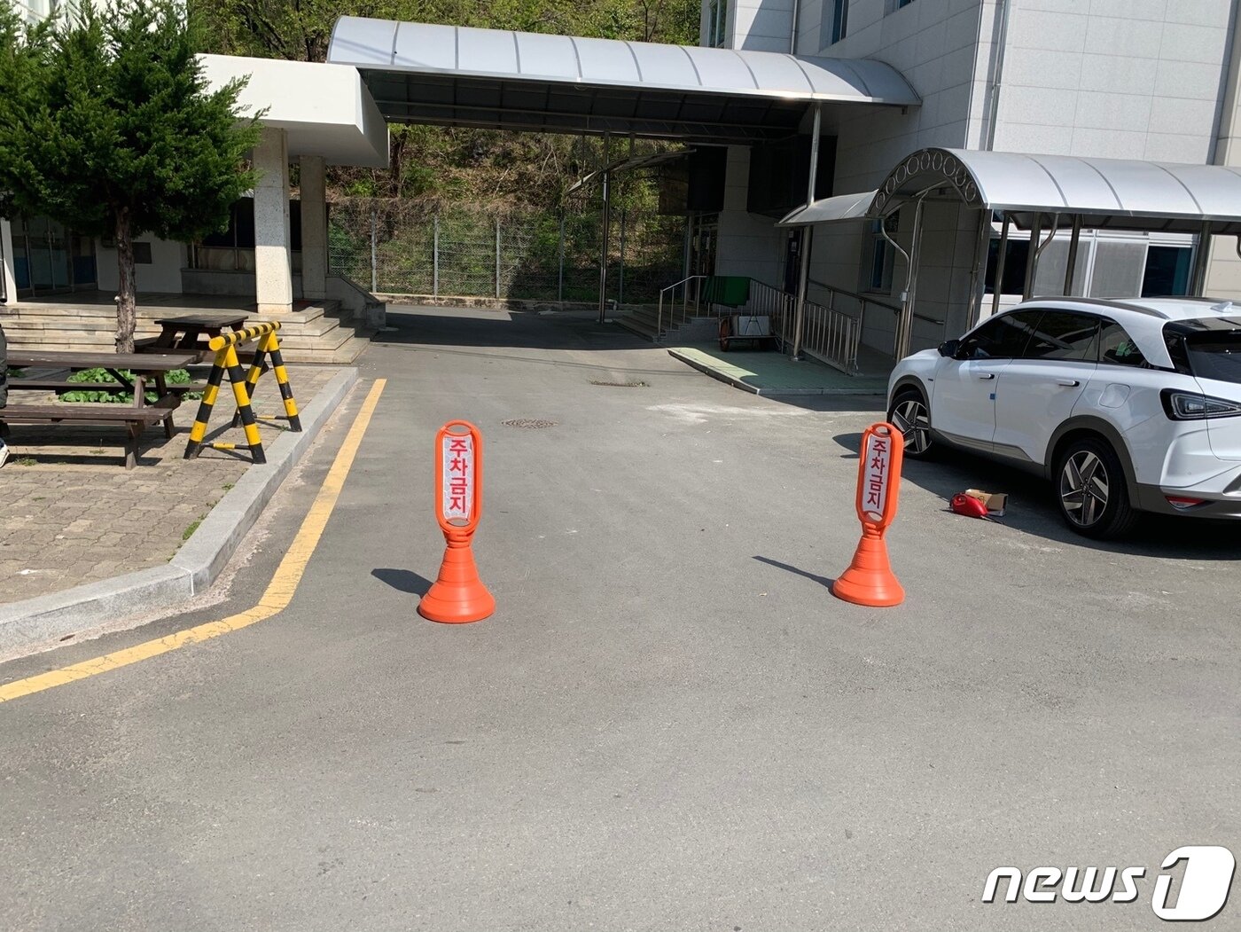 본문 이미지 - 지난 11일 마산공고서 치러진 한국사능력검정 시험장의 '주차금지' 팻말. 팻말 뒷길로 가면 수십대가 주차할만한 공간이 나온다. (독자제공) ⓒ 뉴스1