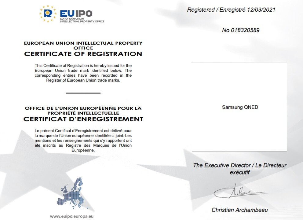 본문 이미지 - 유럽특허청(EUIPO)이 발행한 삼성전자의 '삼성 QNED(Samsung QNED)' 상표권 등록 인증서(자료=EUIPO) ⓒ 뉴스1