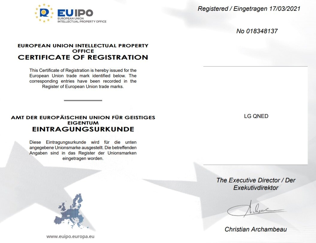 본문 이미지 - 유럽특허청(EUIPO)이 발행한 LG의 'LG QNED(LG QNED)' 상표권 등록 인증서(자료=EUIPO) ⓒ 뉴스1
