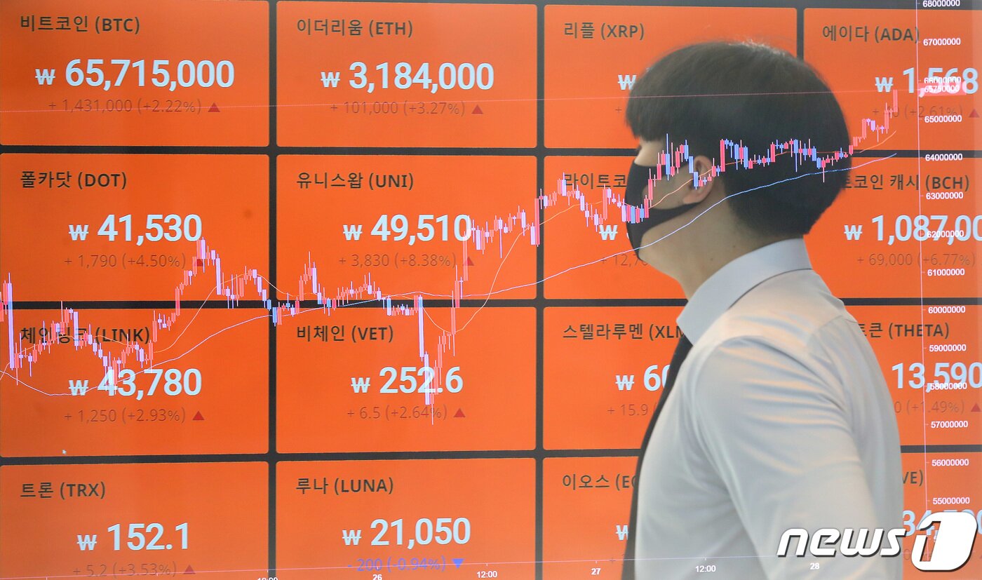 본문 이미지 - 4월28일 서울 강남구 암호화폐(가상화폐) 거래소 빗썸 강남고객센터에 비트코인을 비롯한 암호화폐 시황이 표시되고 있다. (다중노출 촬영) 2021.4.28/뉴스1 ⓒ News1 임세영 기자