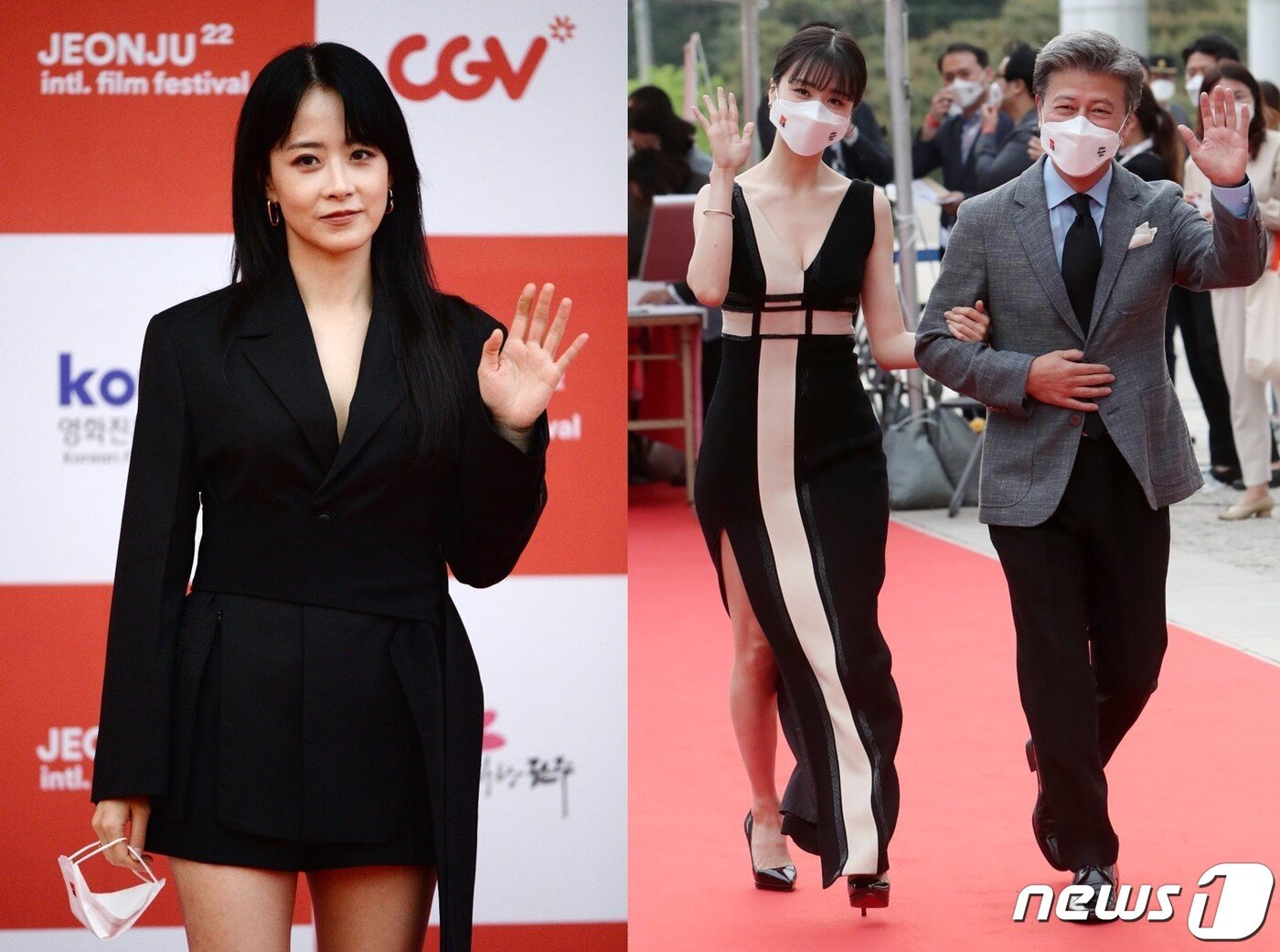 본문 이미지 - 제22회 전주국제영화제 개막식이 열린 29일 전북 전주시 한국소리문화의전당에서 배우 류현경과 박하선, 권해효(사진 왼쪽부터)가 카메라 앞에서 포즈를 취하고 있다. 2021.4.29/뉴스1 ⓒ News1 유경석 기자