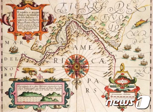 본문 이미지 - 17세기에 그려진 마젤란의 해협 지도(출처 해양수산부)ⓒ 뉴스1