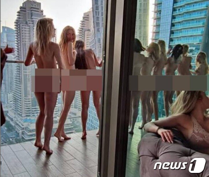 본문 이미지 - 두바이 마리나 지구 발코니에서 촬영을 하고 있는 모델들의 뒷모습 - 데일리메일 갈무리