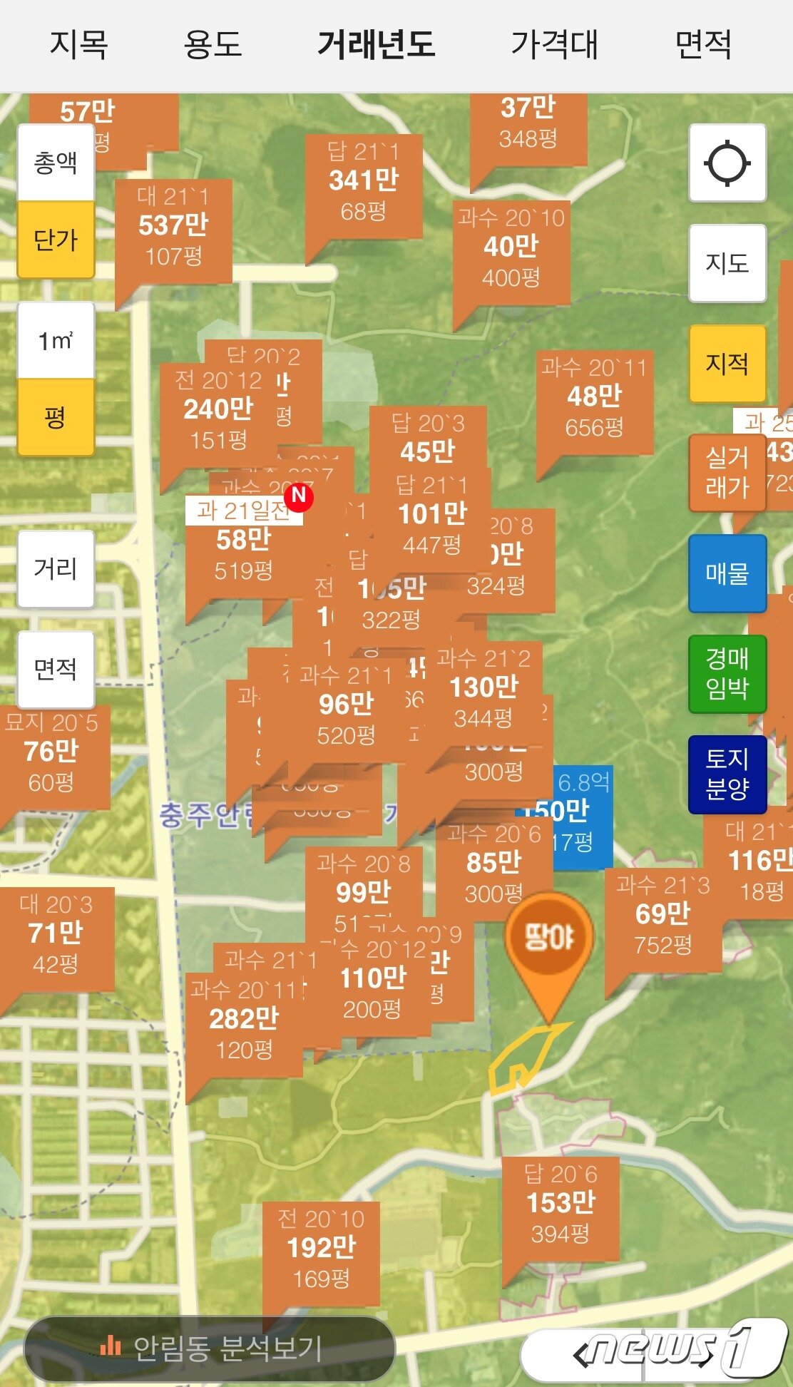 본문 이미지 - 2020년 1월부터 2021년 4월까지 충주 안림지구 도시개발사업 예정지 토지거래 현황.(땅야앱 캡처)2021.4.7/ⓒ 뉴스1