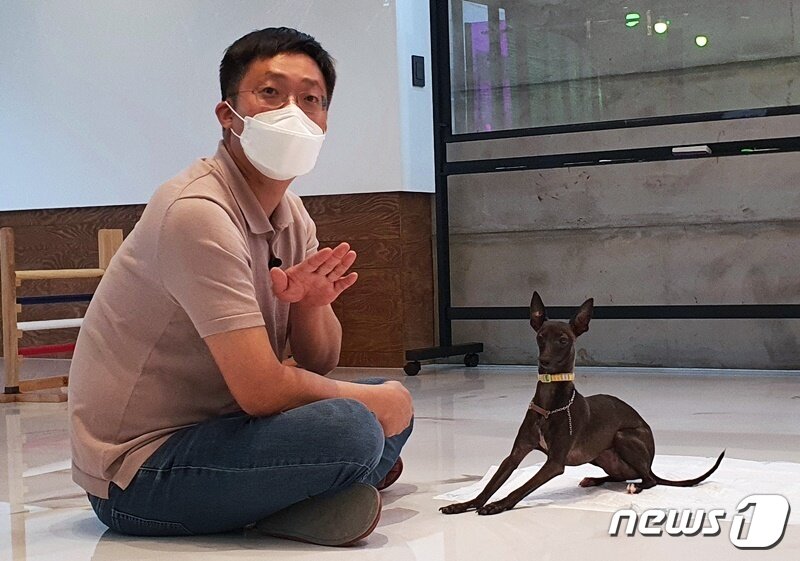 본문 이미지 - 정광일 훈련사가 15일 경기 고양시 코코보리아카데미에서 실내 아무곳에나 배변을 하는 강아지 교육을 하고 있다. ⓒ 뉴스1 최서윤 기자