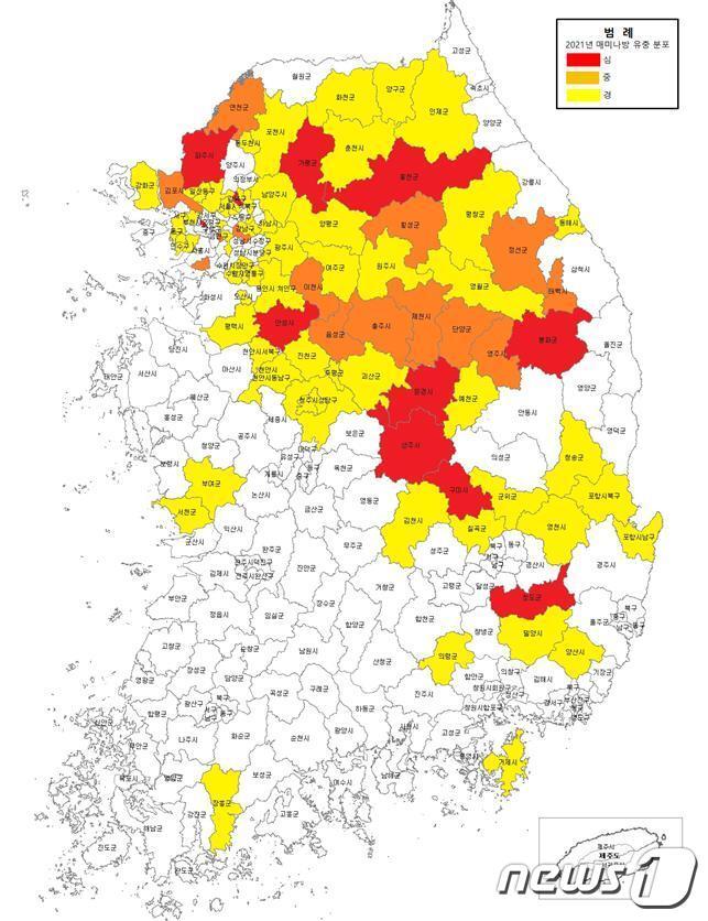 본문 이미지 - 2021년 매미나방 유충 분포현황ⓒ 뉴스1