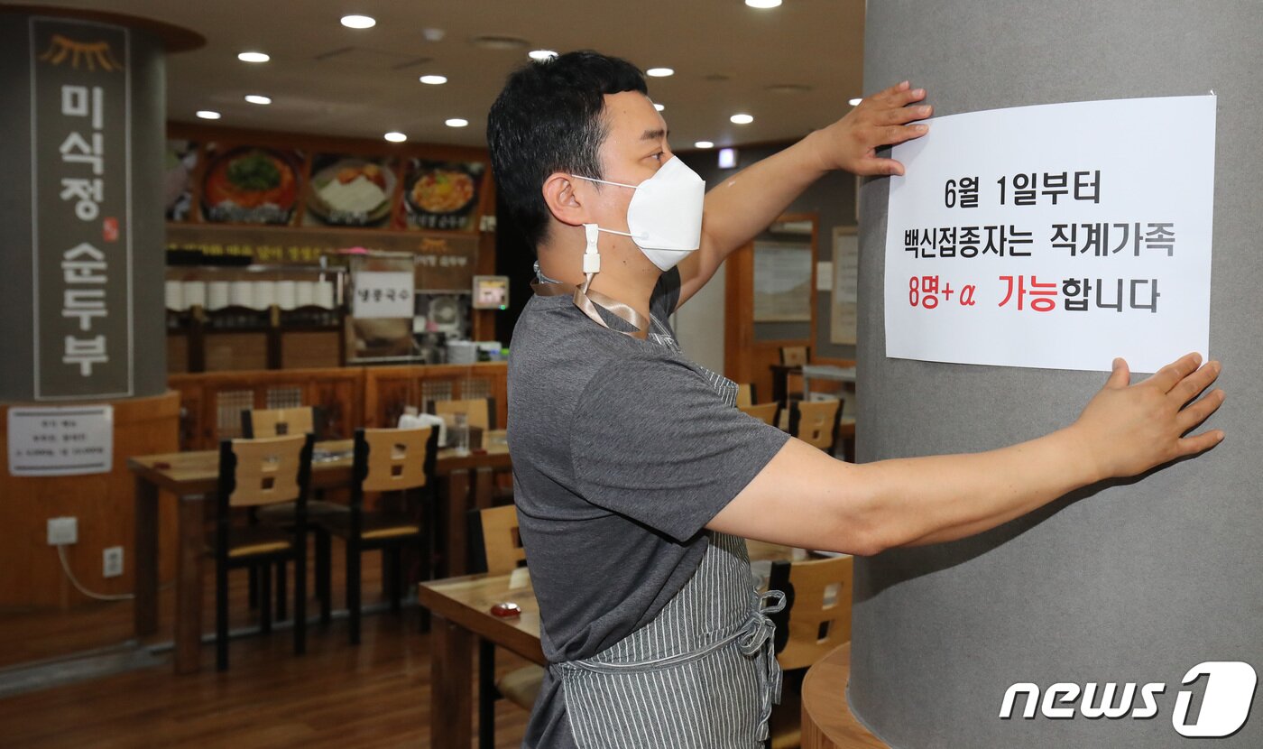 본문 이미지 - 31일 대전 서구에 위치한 식당에서 식당 주인이 백신접종자는 직계가족 8인 이상 가능하다는 안내문을 붙이고 있다. 정부에 따르면 6월 1일부터 백신접종자의 일상 회복을 지원하기 위해 신종 코로나바이러스 감염증(코로나19) 백신을 한 차례라도 접종한 사람은 직계가족 모임에 인원 제한 없이 참석할 수 있게 됐다. 김기태 기자