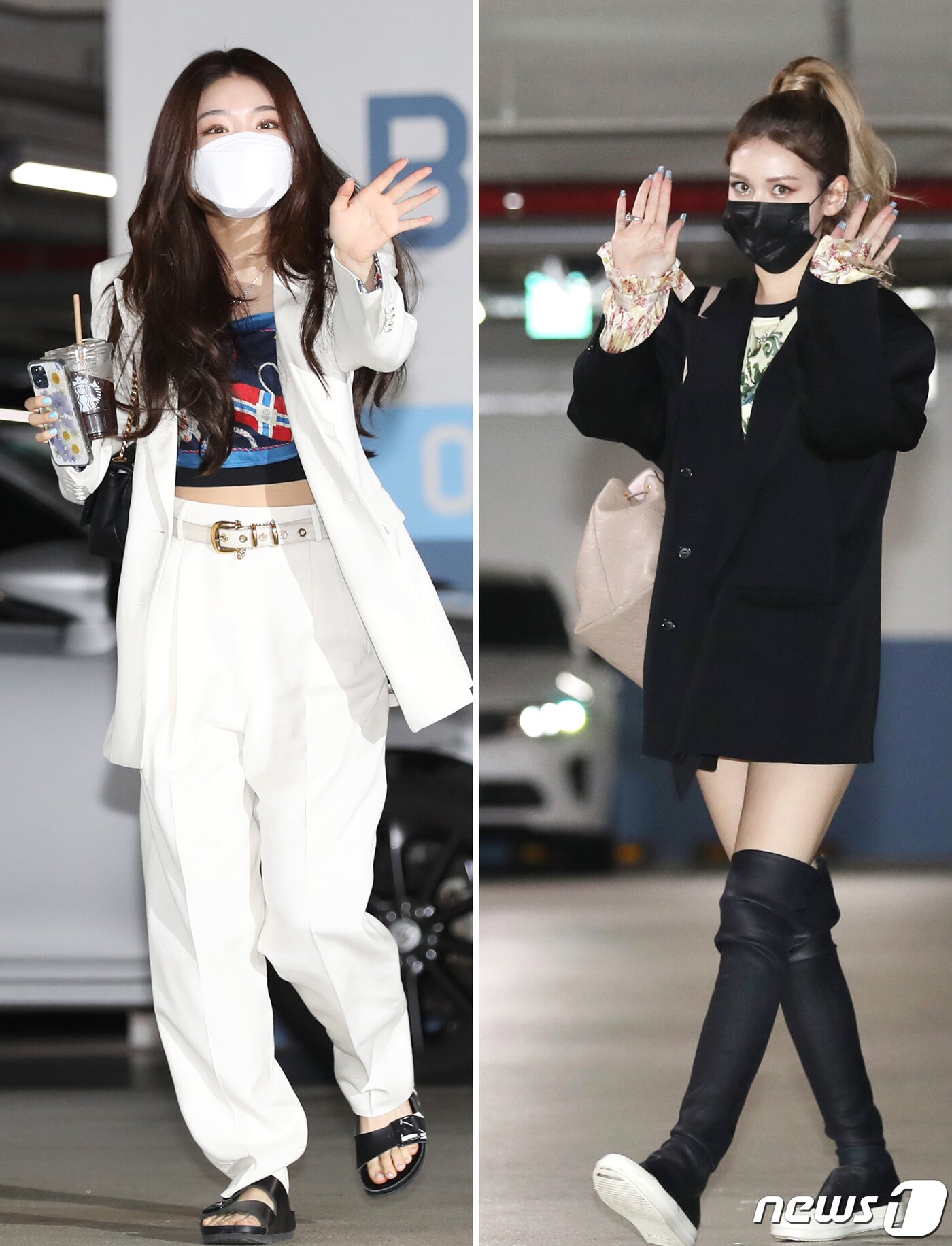본문 이미지 - 그룹 아이오아이(I.O.I) 청하, 전소미(오른쪽)가 4일 오후 서울 양천구 로운아뜨리움에서 열린 데뷔 5주년 라이브 방송 'I.5.I-Yes, I love it!'을 위해 출근을 하고 있다. 2021.5.4/뉴스1 ⓒ News1 권현진 기자