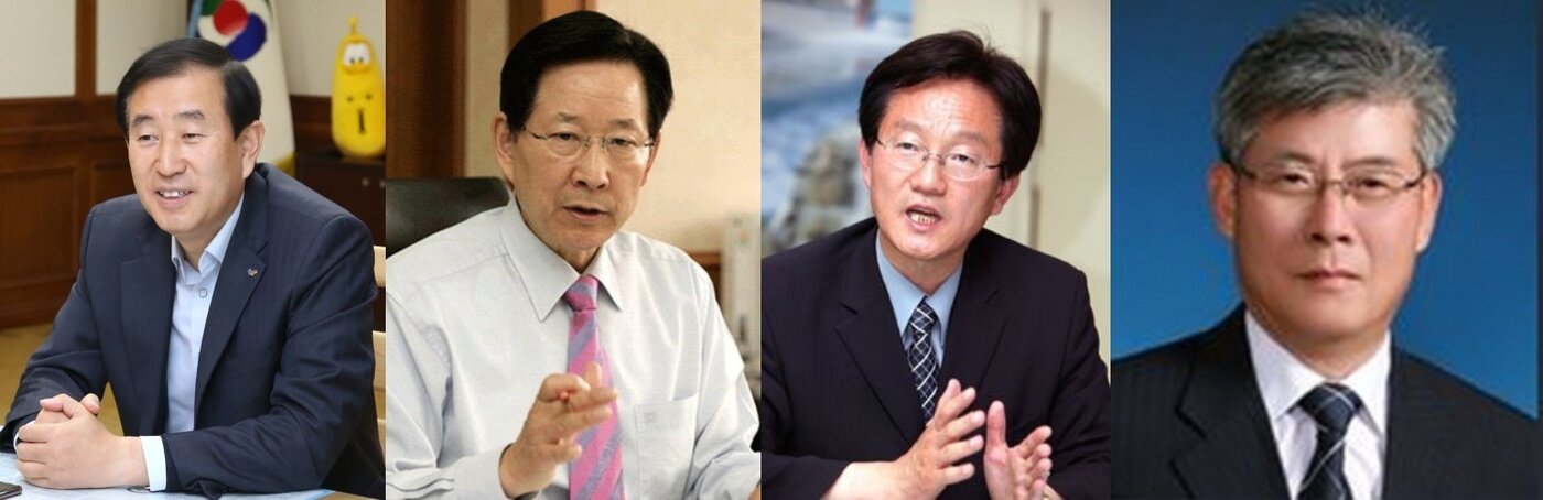 본문 이미지 - 왼쪽부터 조길형 충주시장, 우건도 전 충주시장, 한창희 전 충주시장, 신계종 전 교통대 교수.