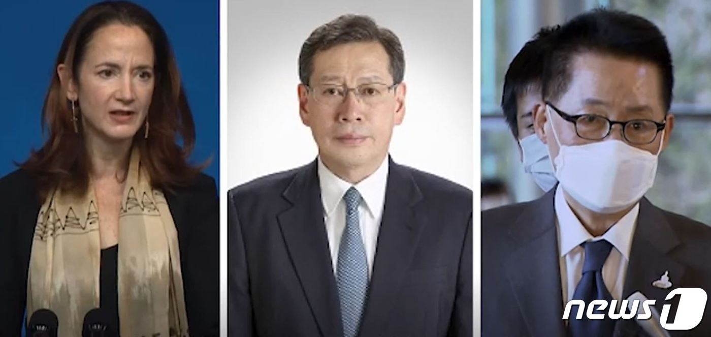 본문 이미지 - 한미일 3국 정보기관장 회의가 다음 주 도쿄에서 열릴 예정이라고 8일 일본 TBS방송이 보도했다. 왼쪽부터 애브릴 헤인스 미국 국가정보국(DNI) 국장, 다키자와 히로아키 일본 내각정보관, 박지원 국가정보원장 (일본 TBS 캡처) ⓒ 뉴스1