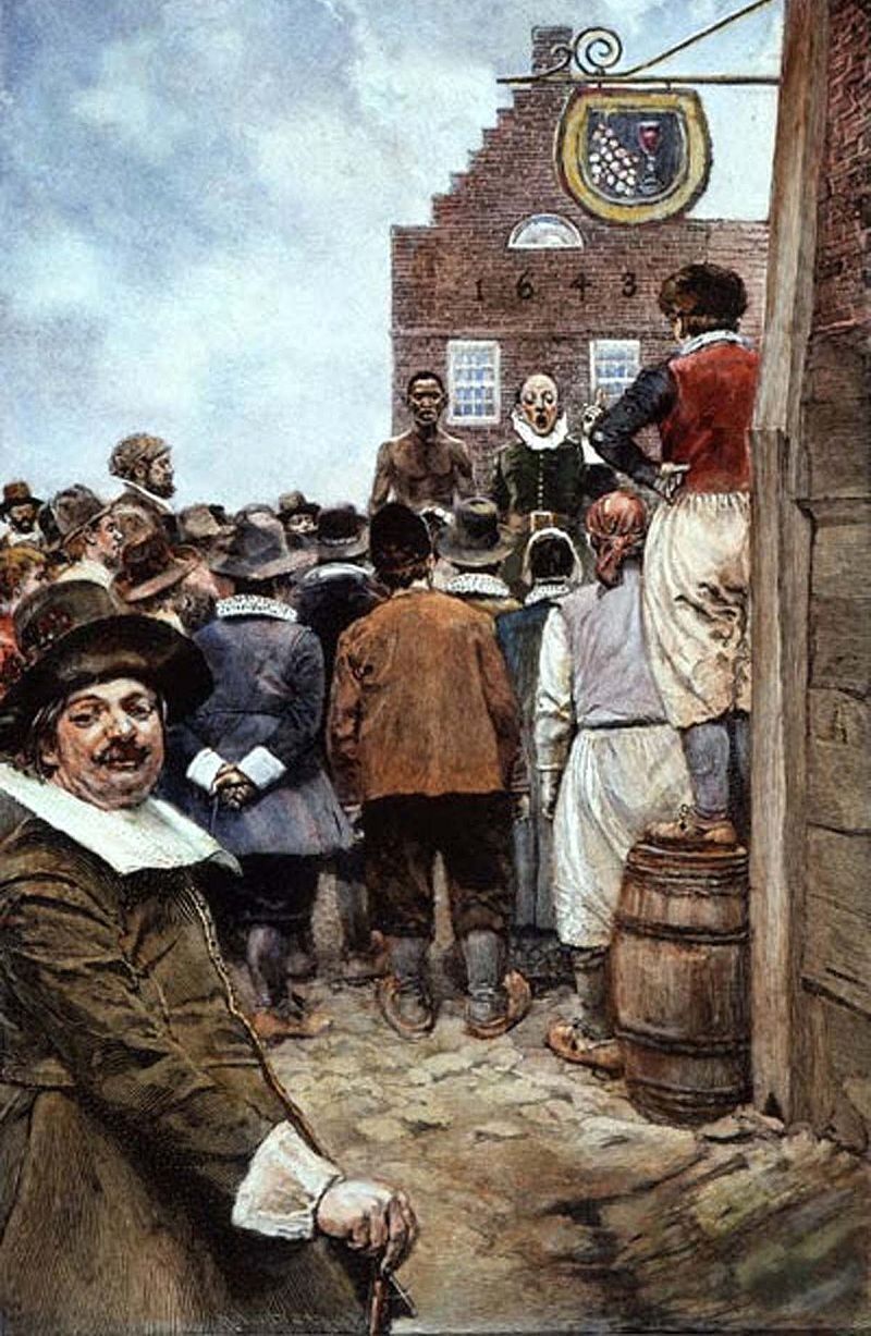 본문 이미지 - 1655년 뉴암스테르담에서 벌어진 첫 노예 거래. ⓒHoward Pyle