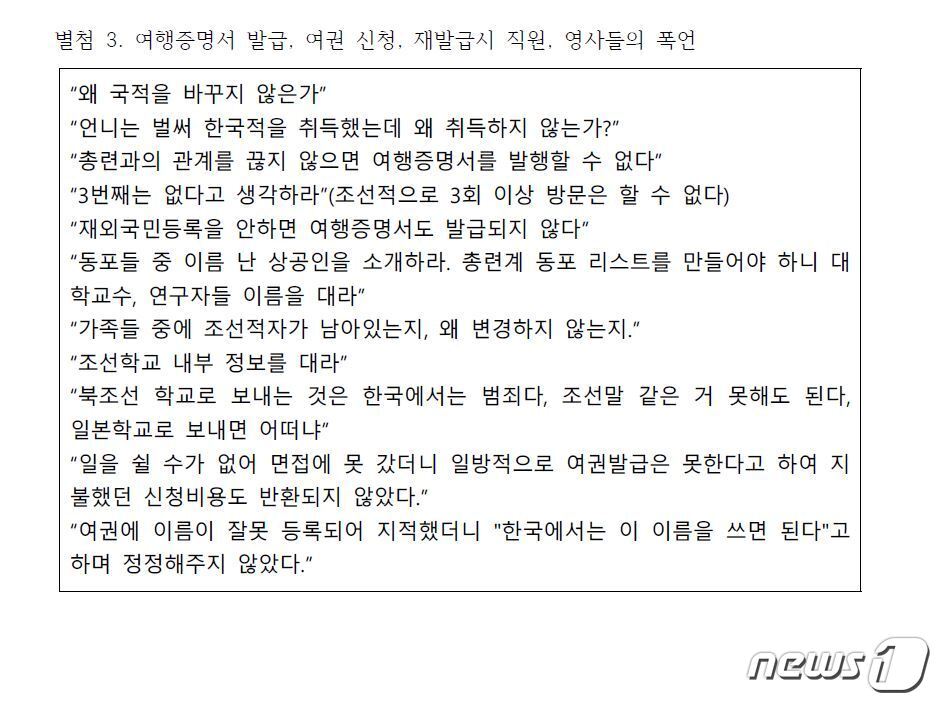 본문 이미지 - 지난 국정원 여권공작의 폭로 이후 시민단체의 성명서에 첨부된 영사관들의 폭언을 담은 자료. ⓒ 뉴스1