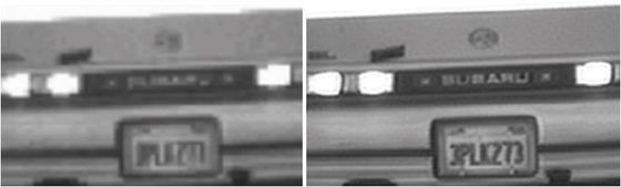 (왼쪽부터) CCTV에 찍힌 저해상도의 자동차 번호판과 에스프레소미디어의 슈퍼레졸루션 기술이 복원한 고해상도의 자동차 번호판 (에스프레소미디어 제공) © 뉴스1