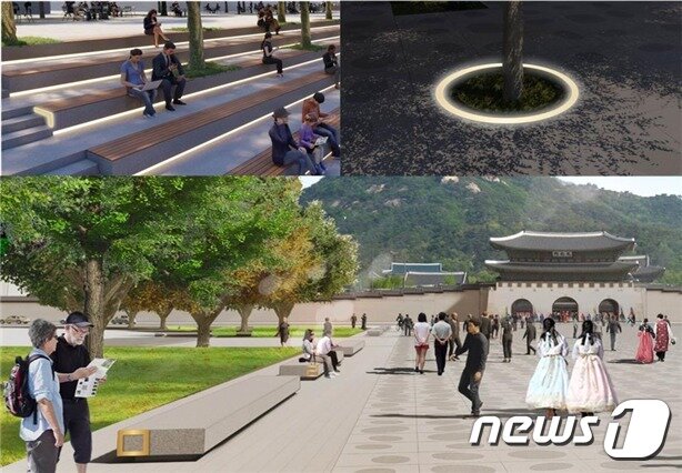 본문 이미지 - 2022년 4월 개장하는 광화문광장에서 시민들이 휴식을 취하는 모습을 예상한 그림.(서울시 제공)ⓒ 뉴스1