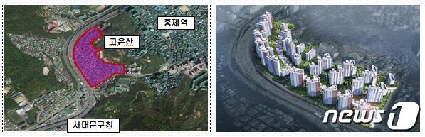 본문 이미지 - 도심 공공주택 복합사업 5차 후보지 중 한 곳인 서울 서대문구 홍제동 저층주거지의 위치도(좌) 및 조감도(우)(국토부 제공)ⓒ 뉴스1