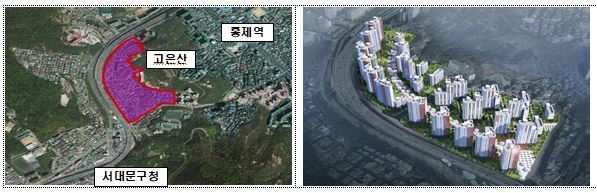 본문 이미지 - 도심 공공주택 복합사업 5차 후보지 중 한 곳인 서울 서대문구 홍제동 저층주거지의 위치도(좌) 및 조감도(우)(국토부 제공)ⓒ 뉴스1
