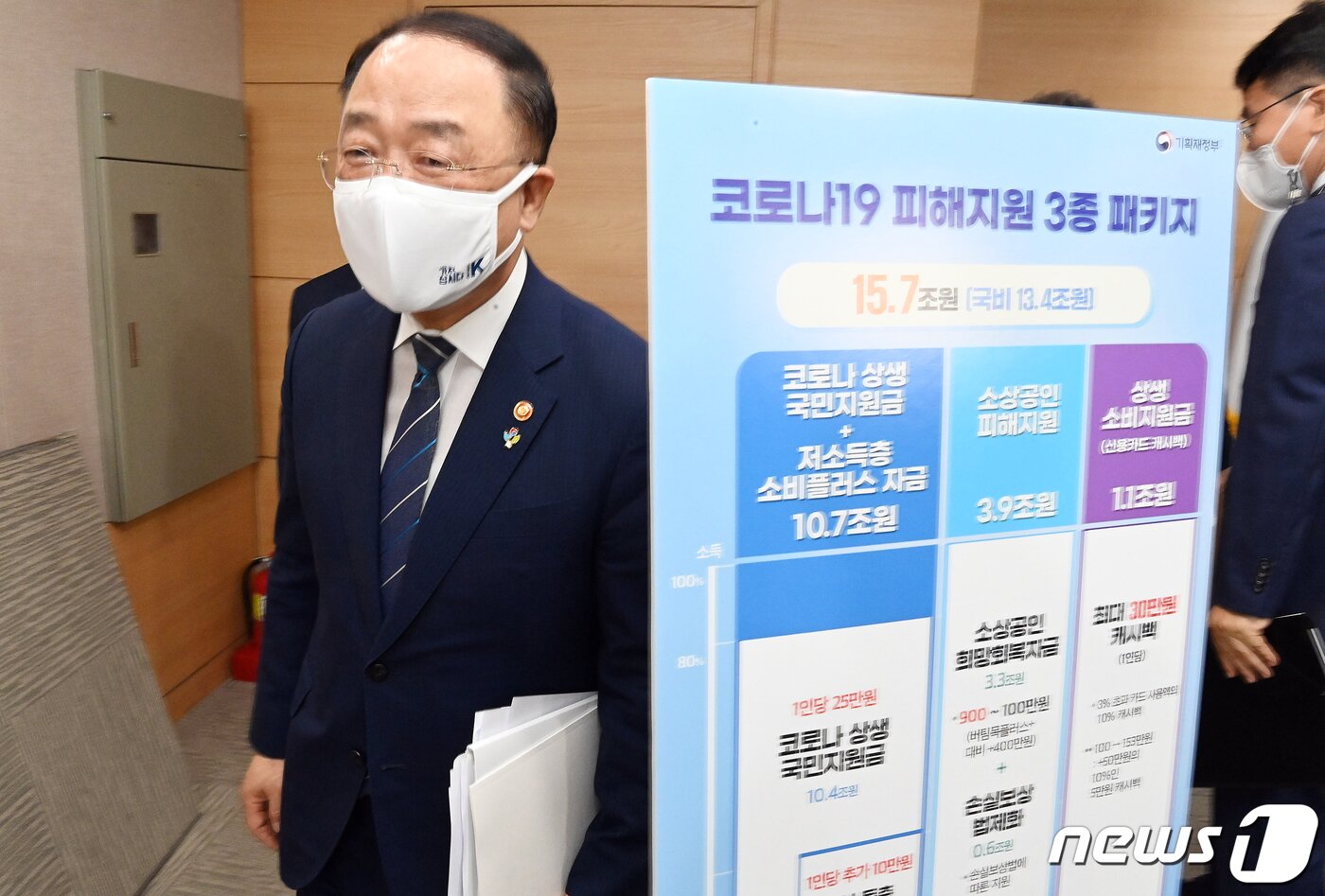 본문 이미지 - 홍남기 경제부총리가 지난달 29일 오전 서울 종로구 정부서울청사에서 '2021년 제2회 추가경정예산안'을 브리핑한 뒤 합동브리핑실을 나서고 있다. /뉴스1 DB ⓒ News1 송원영 기자