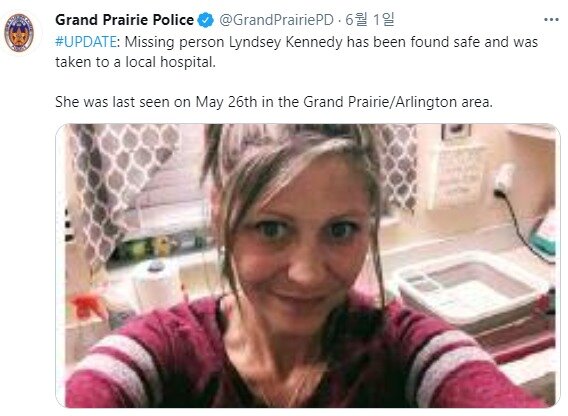 본문 이미지 - 텍사스주에서 실종된 케네디를 발견해 병원으로 이송했다. (그랜드 프레리 경찰 트위터 갈무리)  ⓒ뉴스1