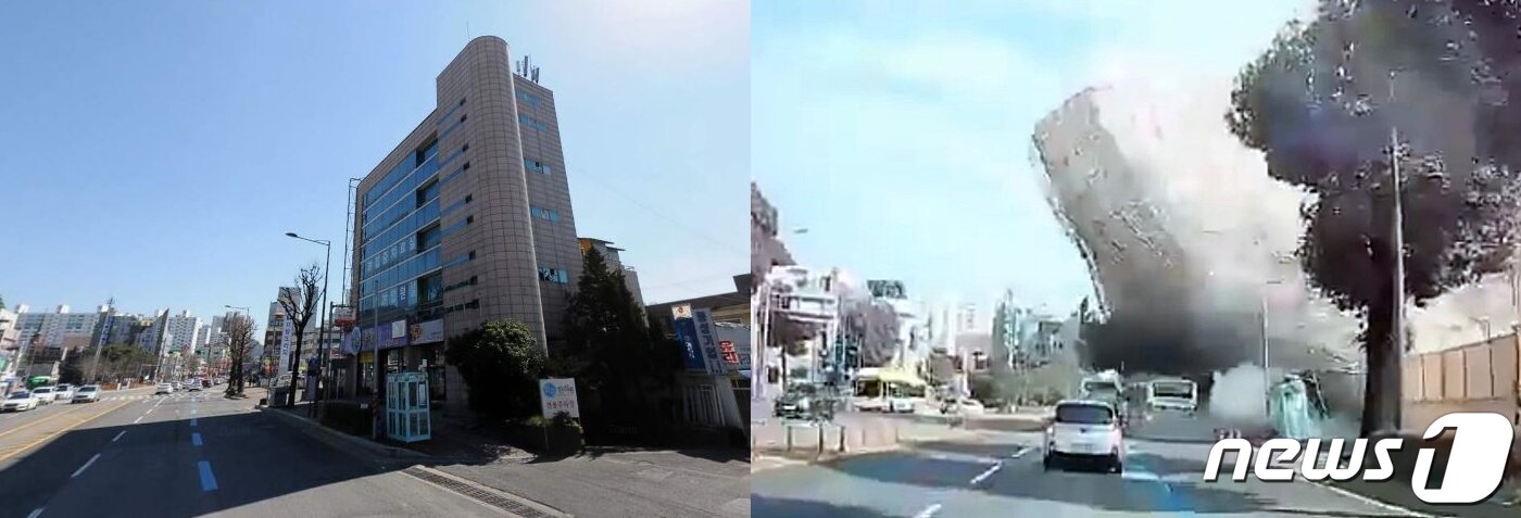 본문 이미지 - 9일 오후 4시 22분쯤 광주 동구 학동 4구역 재개발 현장에서 발생한 건물 붕괴 사건 관련 철거 전 모습과 무너지며 시내버스를 덮치는 순간 모습. (포털 다음 지도와 차량 블랙박스 동영상 캡처).2021.6.9/뉴스1 ⓒ News1 박준배 기자