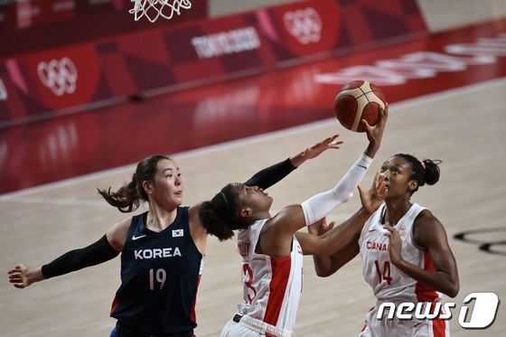 여자 농구팀 센터 박지수(왼쪽)가 캐나다 공격을 수비하고 있다.  © AFP=뉴스1