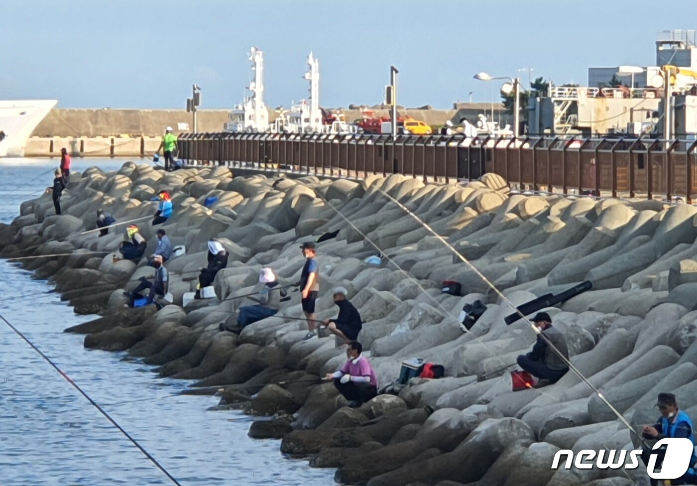 본문 이미지 - 31일 오후 5시 부산 사하구 낫개방파에 일대의 테트라포드 위에 '출입 금지' 수칙을 어기고 무단 출입한 낚시꾼들. 2021.7.31/ⓒ 뉴스1 노경민 기자