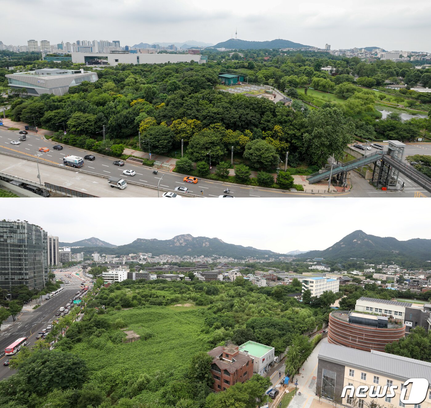 본문 이미지 - 문화체육관광부가 국가기증 이건희 소장품관(이건희 기증관) 건립 후보지로 서울 용산과 송현동 부지 2곳을 선정하고 고 이건희 회장의 유지를 살리기 위해 기증품 활용의 4대 기본원칙을 7일 발표했다. 황희 문화체육관광부 장관은 이날 브리핑을 통해 "후보지들이 연관 분야와의 활발한 교류와 협력, 상승효과를 기대할만한 충분한 입지여건을 갖췄다＂고 설명했다. 사진은 7일 서울 용산구 국립중앙박물관 인근 부지(위)와 서울 종로구 송현동 부지. 이승배 기자,안은나 기자